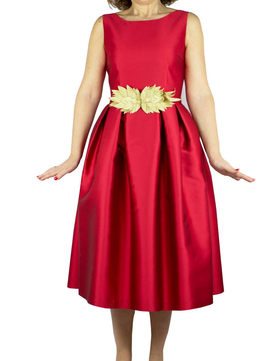 Vestido Ceremonia Loiba Cinturón Hojas Rojo