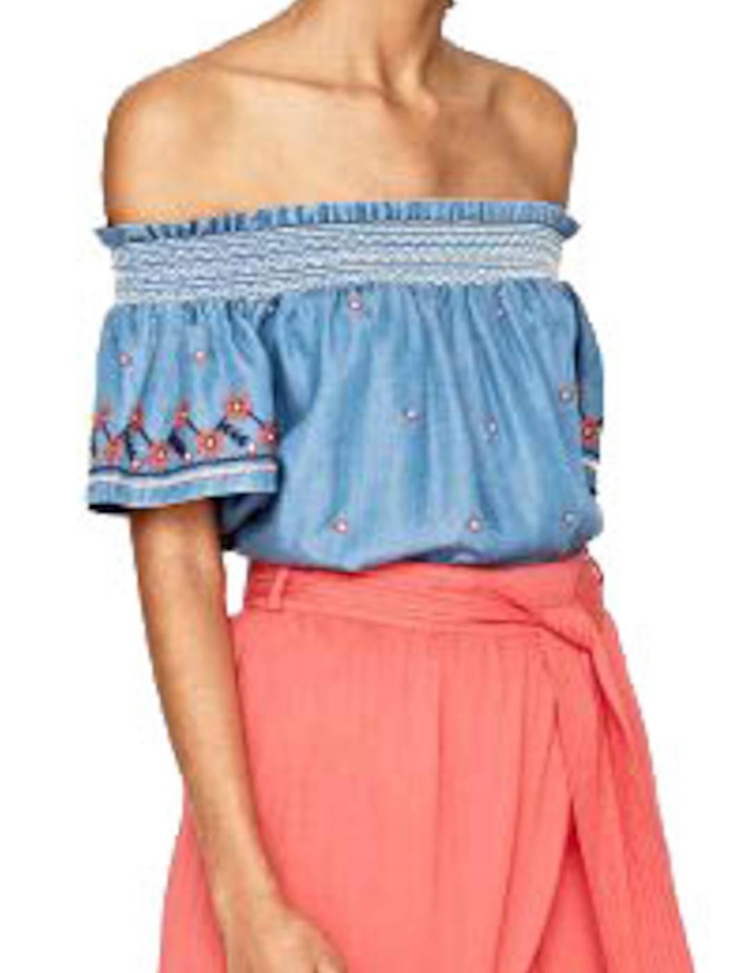 Blusa Pepe Jeans Bordado Flores En Contraste Azul
