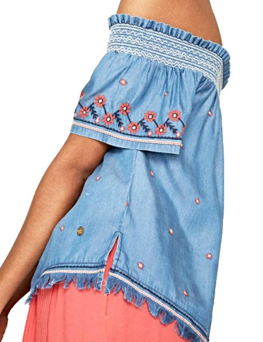 Blusa Pepe Jeans Bordado Flores En Contraste Azul