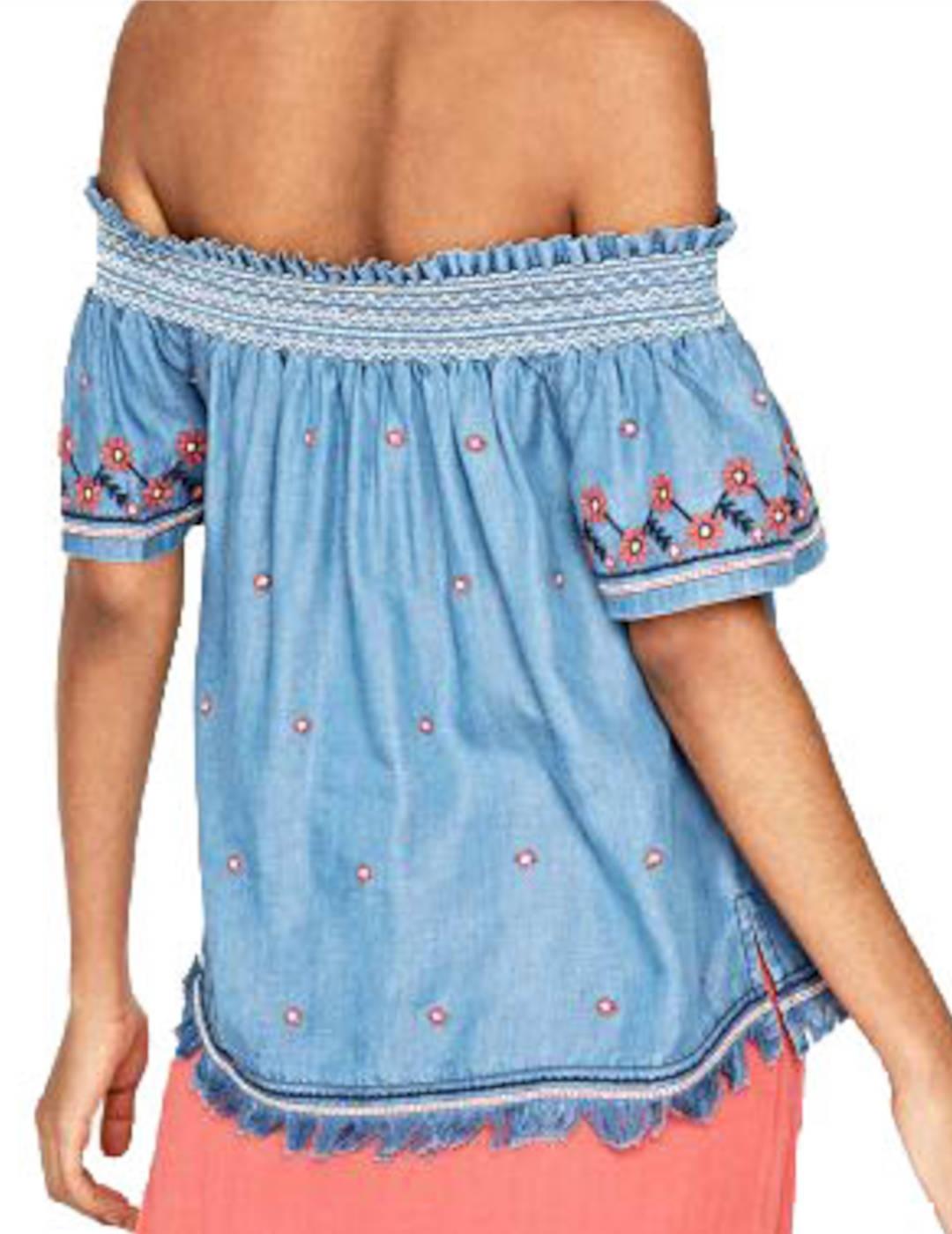 Blusa Pepe Jeans Bordado Flores En Contraste Azul