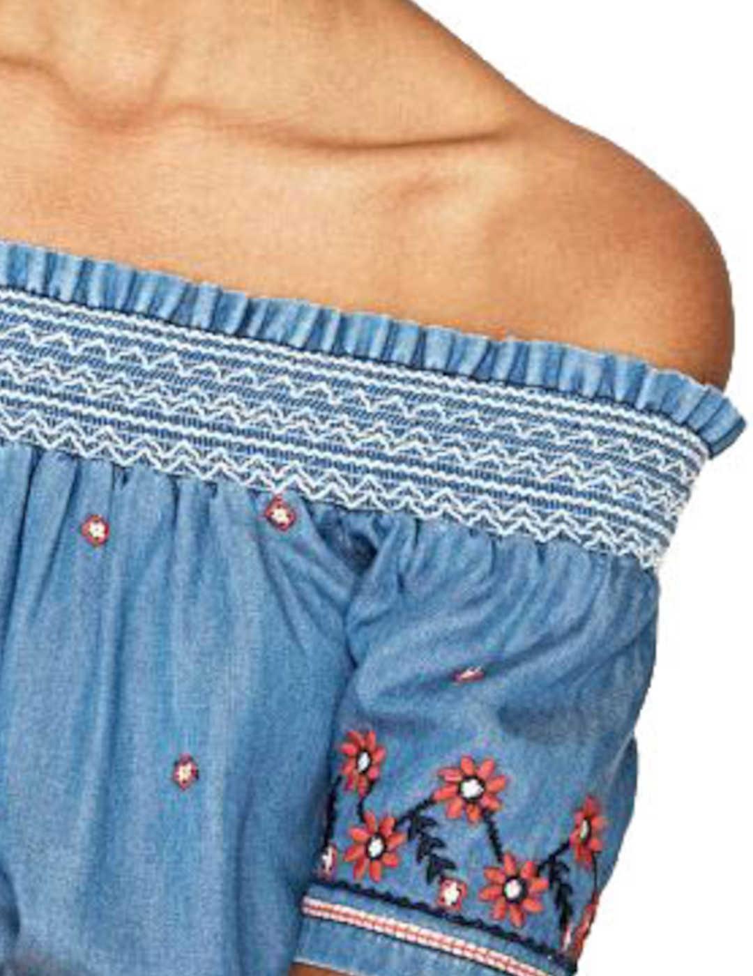 Blusa Pepe Jeans Bordado Flores En Contraste Azul