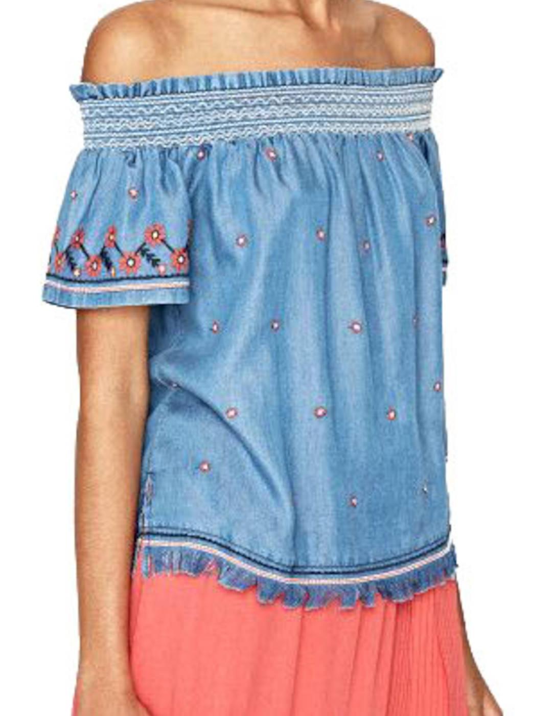 Blusa Pepe Jeans Bordado Flores En Contraste Azul