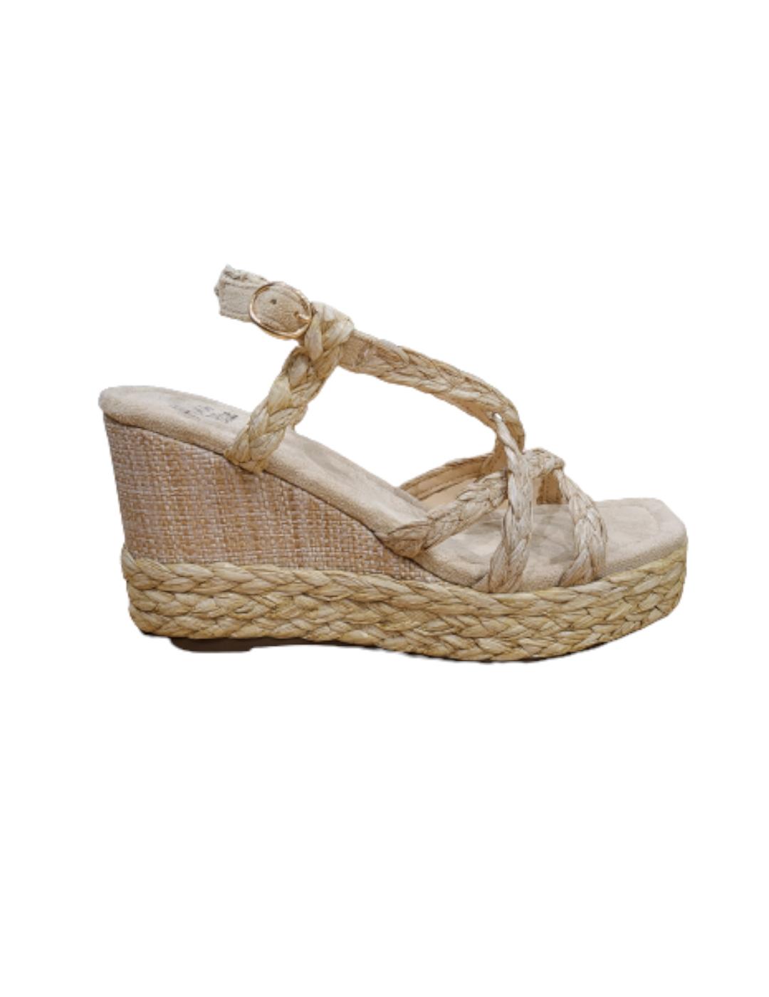 Sandalia Alma Blue Cuña Rafia Beige